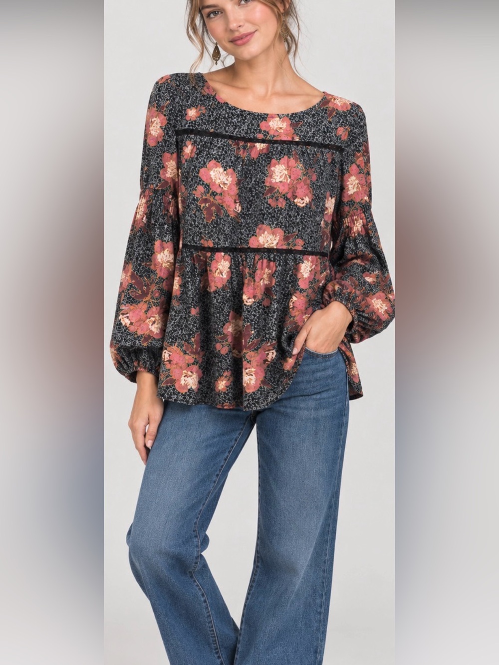 Knox Rose Tiered Oversized Floral Peasant Cottagecore Babydoll Top Women Size M